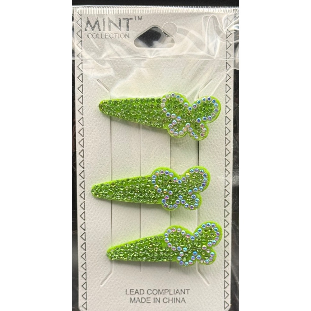 Mint Collection Kids 3-Piece Butterfly Rhinestone Hair Clips Neon Green Sparkly